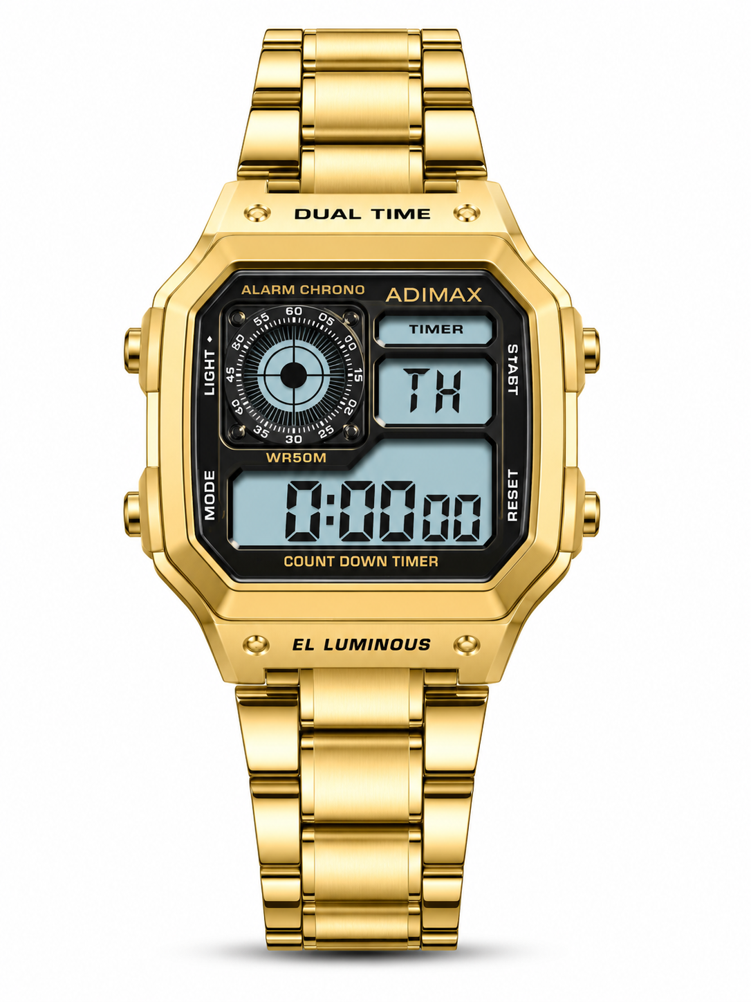 Adimax Retro Gold Dual Time Digital Watch
