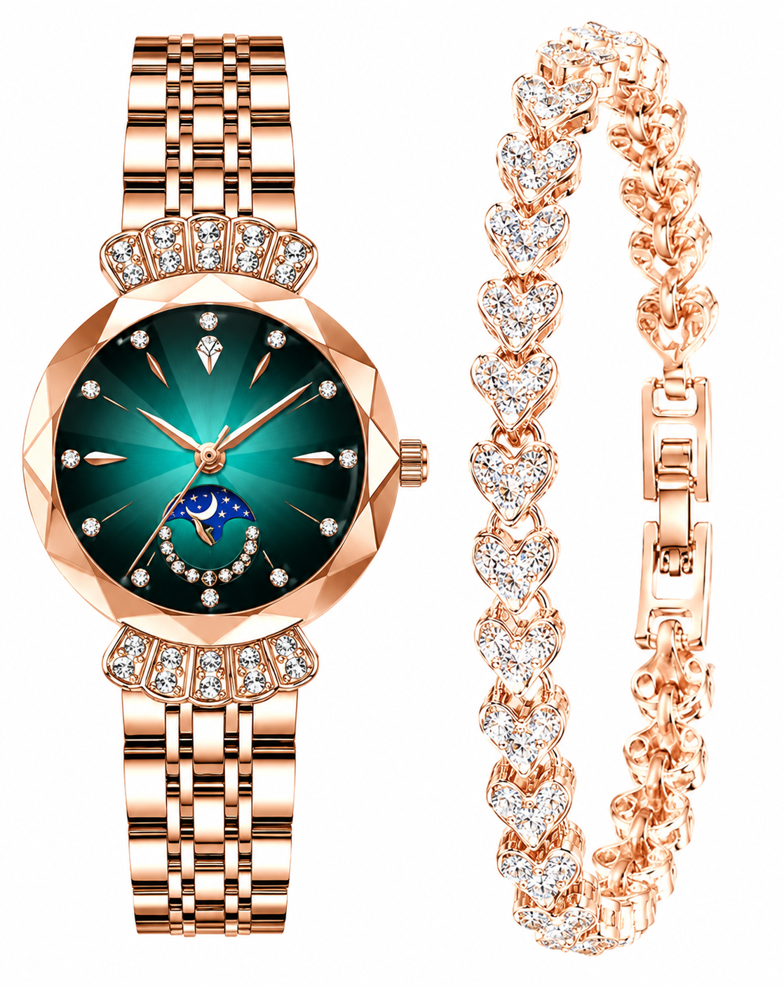 Emerald Moon Rose Gold Watch & Bracelet Set