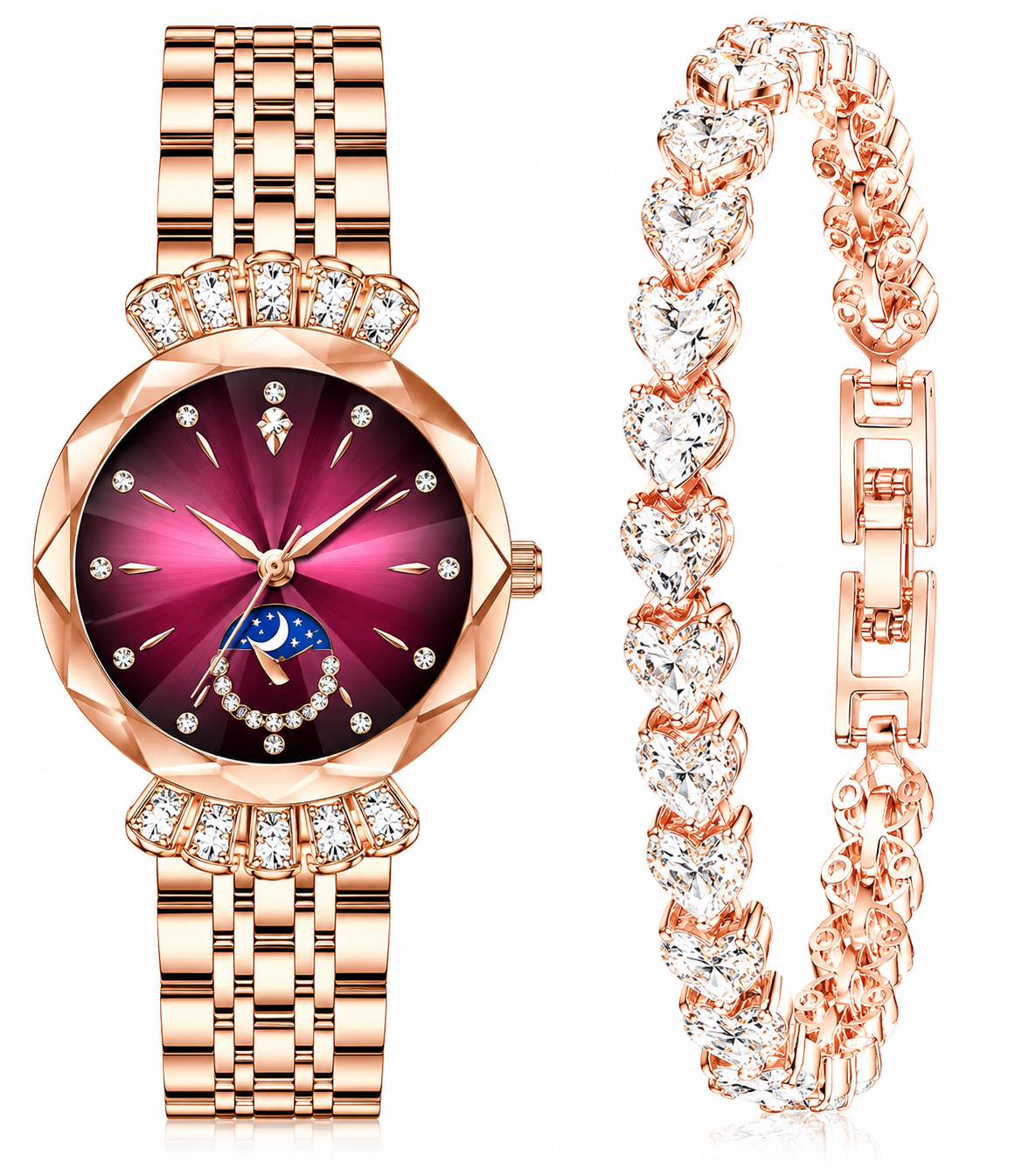 Rose Gold Burgundy Moonlight Watch & Heart Bracelet Set