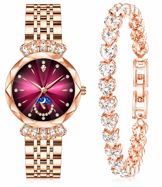 Rose Gold Burgundy Moonlight Watch & Heart Bracelet Set